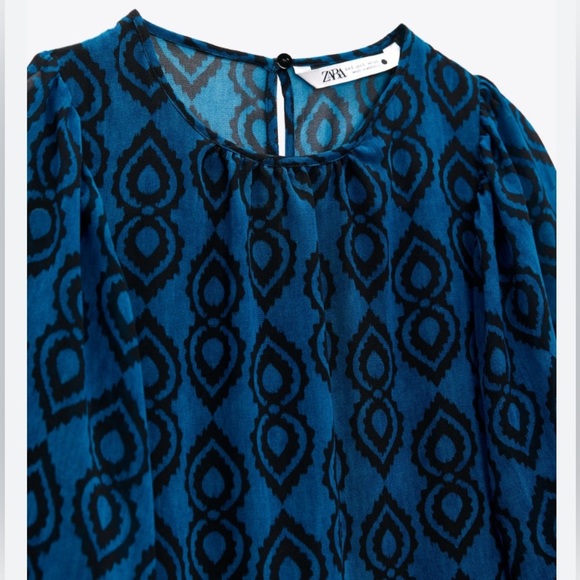 ZARA Royal Blue Black Pattern Mini Dress Long Sleeves Lined Sheer Edgy Vacation - Picture 4 of 9